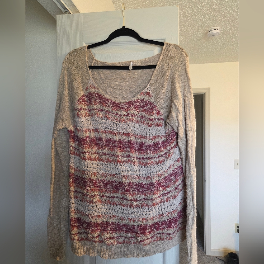 Maurices Cream and Pinj Striped V-Neck Sweater